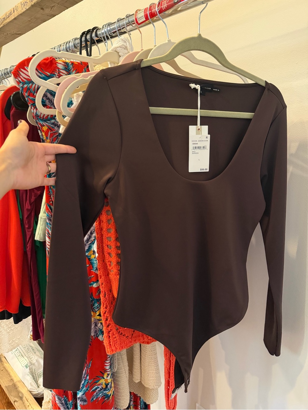 Good American Chocolate Brown Scoop Neck Long Sleeve Bodysuit